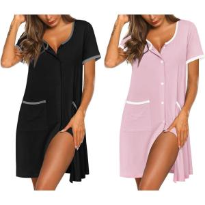 Ekouaer Nightgowns for Women 2 Pack Button Down Sleep Shirts Short Sleeve Nightshirt Sleepwear House Dress with Pockets(Black/Pink)