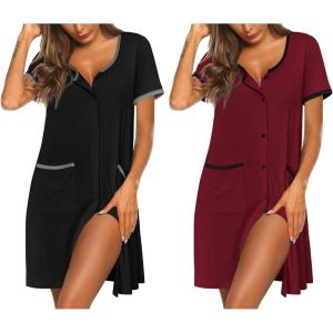 Ekouaer Nightgowns for Women 2 Pack Button Down Sleep Shirts Short Sleeve Nightshirt Sleepwear House Dress with Pockets(Black/Wine Red)
