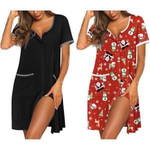 Ekouaer Nightgowns for Women 2 Pack Button Down Sleep Shirts Short Sleeve Nightshirt Sleepwear House Dress with Pockets(Black/Xmas)