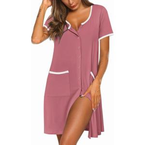 Ekouaer Nightgowns for Women Bamboo Viscose Button Down Sleep Shirts Short Sleeve Nightshirts House Dress with Pockets(Peach Red)
