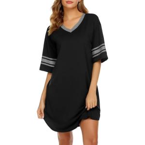 Ekouaer Nightgowns for Women Bamboo Viscose Nightgown Short Sleeve Sleep Shirts V Neck Nightshirt Soft Sleepwear(Black)