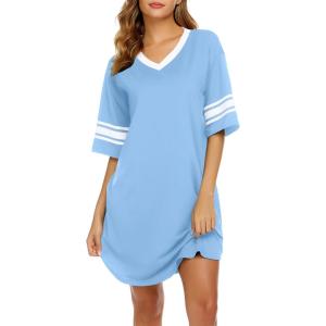 Ekouaer Nightgowns for Women Bamboo Viscose Nightgown Short Sleeve Sleep Shirts V Neck Nightshirt Soft Sleepwear(Light Blue)