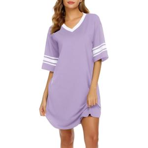 Ekouaer Nightgowns for Women Bamboo Viscose Nightgown Short Sleeve Sleep Shirts V Neck Nightshirt Soft Sleepwear(Light Purple)
