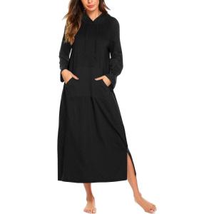 Ekouaer Nightgowns for Women Fleece Nightgown Long Sleeve Sleepwear Hooded Night Gown Long Sleep Shirt with Pocket(Black 2)