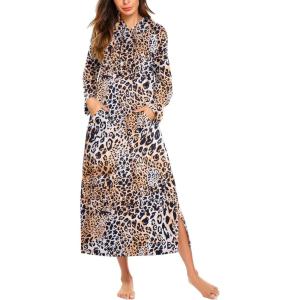 Ekouaer Nightgowns for Women Fleece Nightgown Long Sleeve Sleepwear Hooded Night Gown Long Sleep Shirt with Pocket(Leopard)