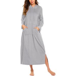 Ekouaer Nightgowns for Women Fleece Nightgown Long Sleeve Sleepwear Hooded Night Gown Long Sleep Shirt with Pocket(Light Grey)