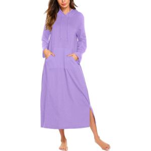 Ekouaer Nightgowns for Women Fleece Nightgown Long Sleeve Sleepwear Hooded Night Gown Long Sleep Shirt with Pocket(Light Purple)