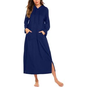 Ekouaer Nightgowns for Women Fleece Nightgown Long Sleeve Sleepwear Hooded Night Gown Long Sleep Shirt with Pocket(Navy Blue)