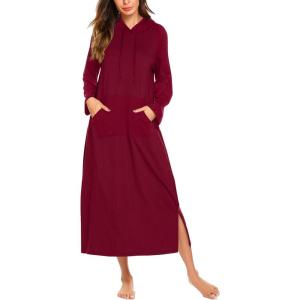 Ekouaer Nightgowns for Women Fleece Nightgown Long Sleeve Sleepwear Hooded Night Gown Long Sleep Shirt with Pocket(Wine Red)