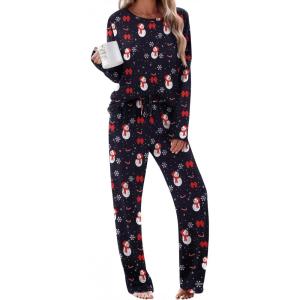 Ekouaer Pajama Set Womens Long Sleeve Sleepwear Pullover Top and Pants Cozy Loungewear Soft Pjs Lounge Set with Pockets S-XXL(Christmas Black)