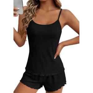 Ekouaer Pajama Sets for Women 2 Piece Camisole Pjs Cute Print Sleepwear Ribbed Sexy Tank Top with Shorts S-XXL(Black)