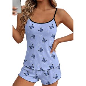 Ekouaer Pajama Sets for Women 2 Piece Camisole Pjs Cute Print Sleepwear Ribbed Sexy Tank Top with Shorts S-XXL(Butterfly on Light Blue)