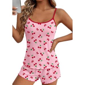 Ekouaer Pajama Sets for Women 2 Piece Camisole Pjs Cute Print Sleepwear Ribbed Sexy Tank Top with Shorts S-XXL(Cherry on Pink)