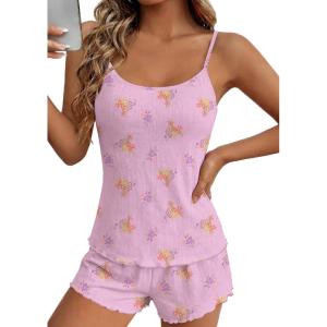 Ekouaer Pajama Sets for Women 2 Piece Camisole Pjs Cute Print Sleepwear Ribbed Sexy Tank Top with Shorts S-XXL(Florals on Light Purple)