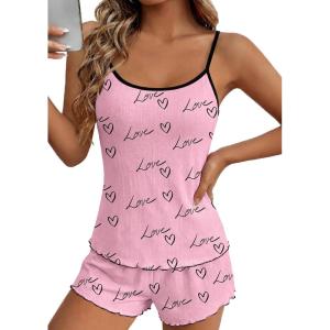 Ekouaer Pajama Sets for Women 2 Piece Camisole Pjs Cute Print Sleepwear Ribbed Sexy Tank Top with Shorts S-XXL(Heart on Pink)