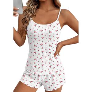 Ekouaer Pajama Sets for Women 2 Piece Camisole Pjs Cute Print Sleepwear Ribbed Sexy Tank Top with Shorts S-XXL(Pink Floral on White)
