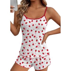Ekouaer Pajama Sets for Women 2 Piece Camisole Pjs Cute Print Sleepwear Ribbed Sexy Tank Top with Shorts S-XXL(Red Strawberry on White)