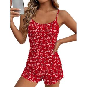 Ekouaer Pajama Sets for Women 2 Piece Camisole Pjs Cute Print Sleepwear Ribbed Sexy Tank Top with Shorts S-XXL(White Heart on Red)