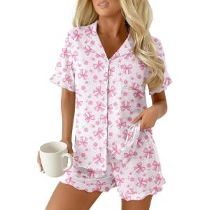 Ekouaer Pajamas Set for Women Button Down Pjs Lounge Sets Ruffle Short Sleeve Sleepwear Cute Loungewear(Pink Bow)