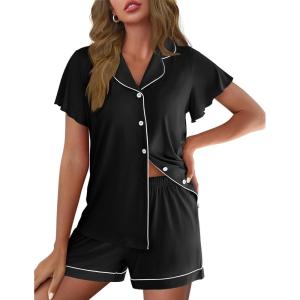 Ekouaer Pajamas for Women Set Button Up Pjs Short Sleeve Ruffle Sleepwear Notch Collar Bride Soft Pj Lounge Sets S-XXL(Black)