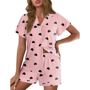Ekouaer Pajamas for Women Set Button Up Pjs Short Sleeve Ruffle Sleepwear Notch Collar Bride Soft Pj Lounge Sets S-XXL(Black Heart)