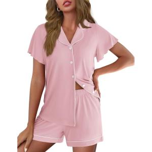 Ekouaer Pajamas for Women Set Button Up Pjs Short Sleeve Ruffle Sleepwear Notch Collar Bride Soft Pj Lounge Sets S-XXL(Light Pink)