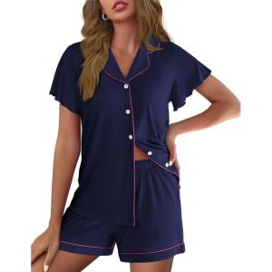 Ekouaer Pajamas for Women Set Button Up Pjs Short Sleeve Ruffle Sleepwear Notch Collar Bride Soft Pj Lounge Sets S-XXL(Navy Blue)
