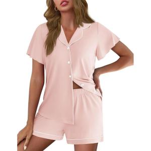 Ekouaer Pajamas for Women Set Button Up Pjs Short Sleeve Ruffle Sleepwear Notch Collar Bride Soft Pj Lounge Sets S-XXL(Pastel Pink)