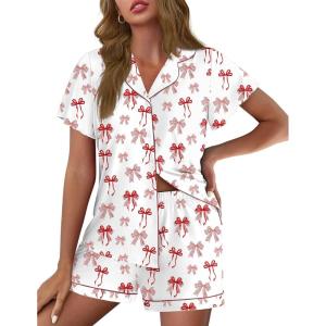 Ekouaer Pajamas for Women Set Button Up Pjs Short Sleeve Ruffle Sleepwear Notch Collar Bride Soft Pj Lounge Sets S-XXL(Red Bow Tie)