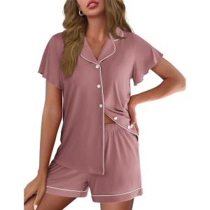 Ekouaer Pajamas for Women Set Button Up Pjs Short Sleeve Ruffle Sleepwear Notch Collar Bride Soft Pj Lounge Sets S-XXL(Taro Purple)