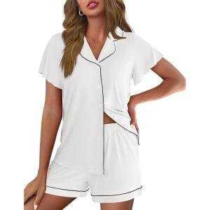 Ekouaer Pajamas for Women Set Button Up Pjs Short Sleeve Ruffle Sleepwear Notch Collar Bride Soft Pj Lounge Sets S-XXL(White)