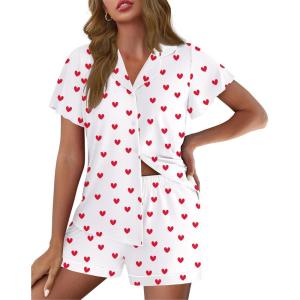 Ekouaer Pajamas for Women Set Button Up Pjs Short Sleeve Ruffle Sleepwear Notch Collar Bride Soft Pj Lounge Sets S-XXL(White Love Heart)