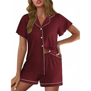 Ekouaer Pajamas for Women Set Button Up Pjs Short Sleeve Ruffle Sleepwear Notch Collar Bride Soft Pj Lounge Sets S-XXL(Wine Red)