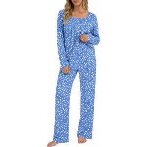 Ekouaer Pajamas for Women Set Long Sleeve Sleepwear Top & Pants Pjs Comfy 2 Piece Lounge Set with Pockets S-XXL(Blue Pot)