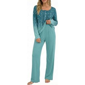 Ekouaer Pajamas for Women Set Long Sleeve Sleepwear Top & Pants Pjs Comfy 2 Piece Lounge Set with Pockets S-XXL(Blue-green Leaves)
