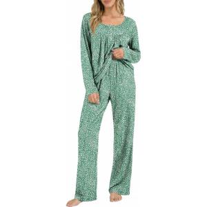 Ekouaer Pajamas for Women Set Long Sleeve Sleepwear Top & Pants Pjs Comfy 2 Piece Lounge Set with Pockets S-XXL(Green Pot)