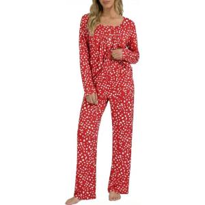 Ekouaer Pajamas for Women Set Long Sleeve Sleepwear Top & Pants Pjs Comfy 2 Piece Lounge Set with Pockets S-XXL(Red Floral)