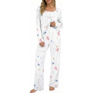 Ekouaer Pajamas for Women Set Long Sleeve Sleepwear Top & Pants Pjs Comfy 2 Piece Lounge Set with Pockets S-XXL(White Floral)