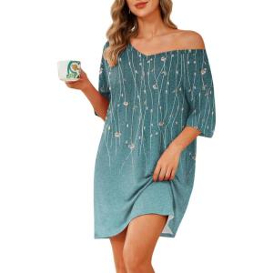Ekouaer Plus Size Nightgowns for Women Oversized Sleep Shirt Short Sleeve Nightshirt T-Shirt Dress Sleepwear S-4XL(Blue Green Flower)