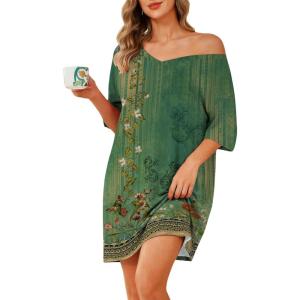 Ekouaer Plus Size Nightgowns for Women Oversized Sleep Shirt Short Sleeve Nightshirt T-Shirt Dress Sleepwear S-4XL(Green Flower)