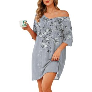 Ekouaer Plus Size Nightgowns for Women Oversized Sleep Shirt Short Sleeve Nightshirt T-Shirt Dress Sleepwear S-4XL(Grey Flower)