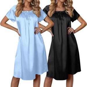 Ekouaer Satin Nightgowns for Women 2 Pack Silk Nightgown Pleated Loose Night Shirts Short Sleeve Sleep Shirts(Light Blue/Black)