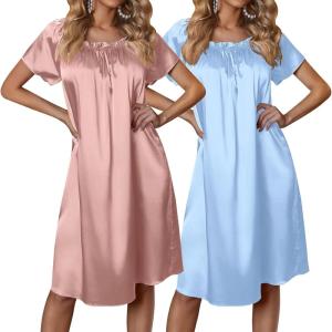 Ekouaer Satin Nightgowns for Women 2 Pack Silk Nightgown Pleated Loose Night Shirts Short Sleeve Sleep Shirts(Pink/Light Blue)