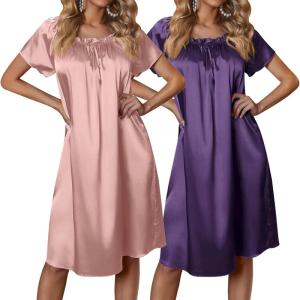 Ekouaer Satin Nightgowns for Women 2 Pack Silk Nightgown Pleated Loose Night Shirts Short Sleeve Sleep Shirts(Pink/Purple)