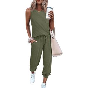 Ekouaer Two Piece Sets for Women Casual Travel Vacation Outfits Sleeveless Tops and Jogger Pants Lounge Set(Army Green)