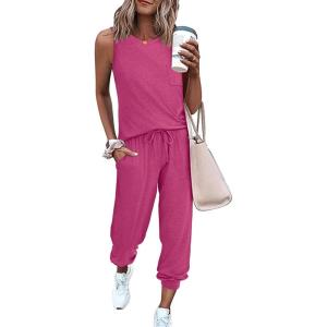 Ekouaer Two Piece Sets for Women Casual Travel Vacation Outfits Sleeveless Tops and Jogger Pants Lounge Set(Rose Red)