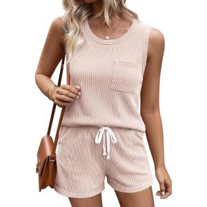 Ekouaer Two Piece Summer Outfits 2 Piece Sets Cruise Lounge Set Sleeveless Tank & Shorts Pajama Set with Pockets(Champagne)