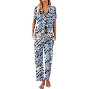 Ekouaer Women Pajamas Set Button Down Sleepwear Short Sleeve Nightwear with Long Pants Soft Pjs Set S-XXL(Blue Leopard An386)