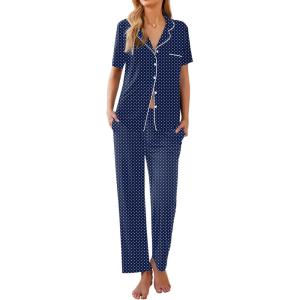 Ekouaer Women Pajamas Set Button Down Sleepwear Short Sleeve Nightwear with Long Pants Soft Pjs Set S-XXL(Navy Blue Points)
