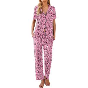 Ekouaer Women Pajamas Set Button Down Sleepwear Short Sleeve Nightwear with Long Pants Soft Pjs Set S-XXL(Pink Leopard An367)